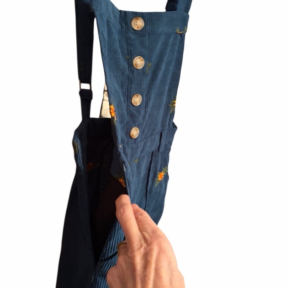 Women's Ditsy Floral Corduroy Jumpsuit Overalls w/Sunflower Embroidery-Size XS - Picture 5 of 13